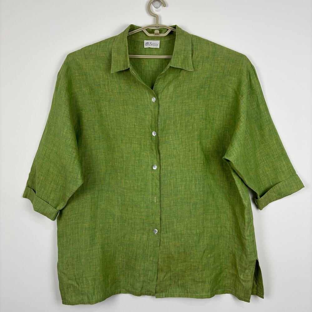 Betsys Green 100% Linen Button Shirt Jacket One Size *missing button